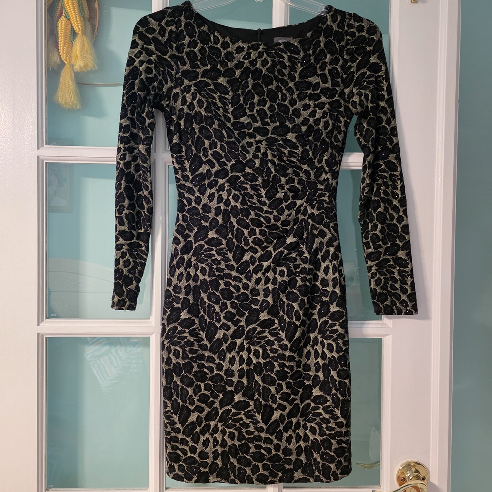 Vince Camuto Black and Silver Bodycon Dress Long Sleeve Crew Neck